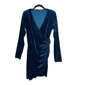 SHEIN Teal Velvet Ruched Bodycon Long Sleeve V Neck Dress Size L
